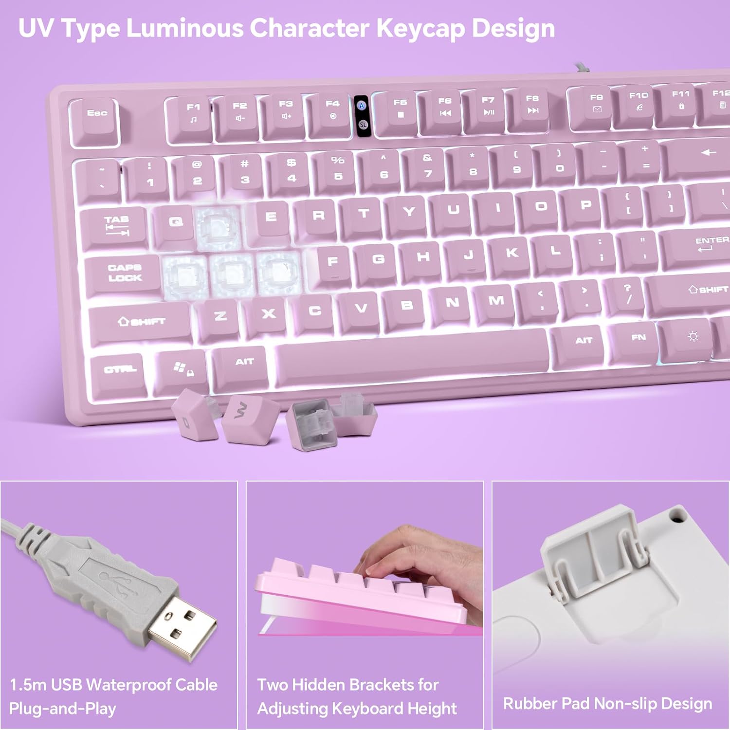 CHONCHOW LED Keyboard and Mouse Combo,Wired 87 Key Mechanical Feel Anti-ghosting Backlight Keyboard with Multimedia Keys for Windows, Mac Desktop/Laptop/PC (Purple) - CHONCHOW