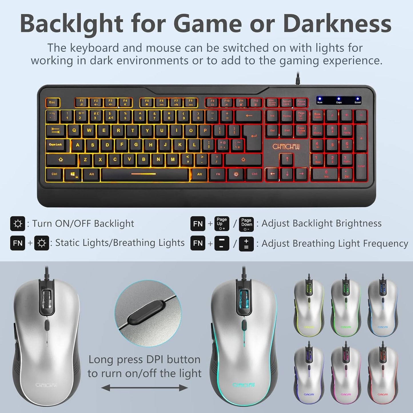 CHONCHOW Mouse and Keyboard Combo with Backlit LED, Full Size, Wrist Rest, USB Wired Computer Keyboard and Mouse for PC, PS4, Laptop, Windows and Mac, Gaming RGB Light Up Mouse - Computer Accessories