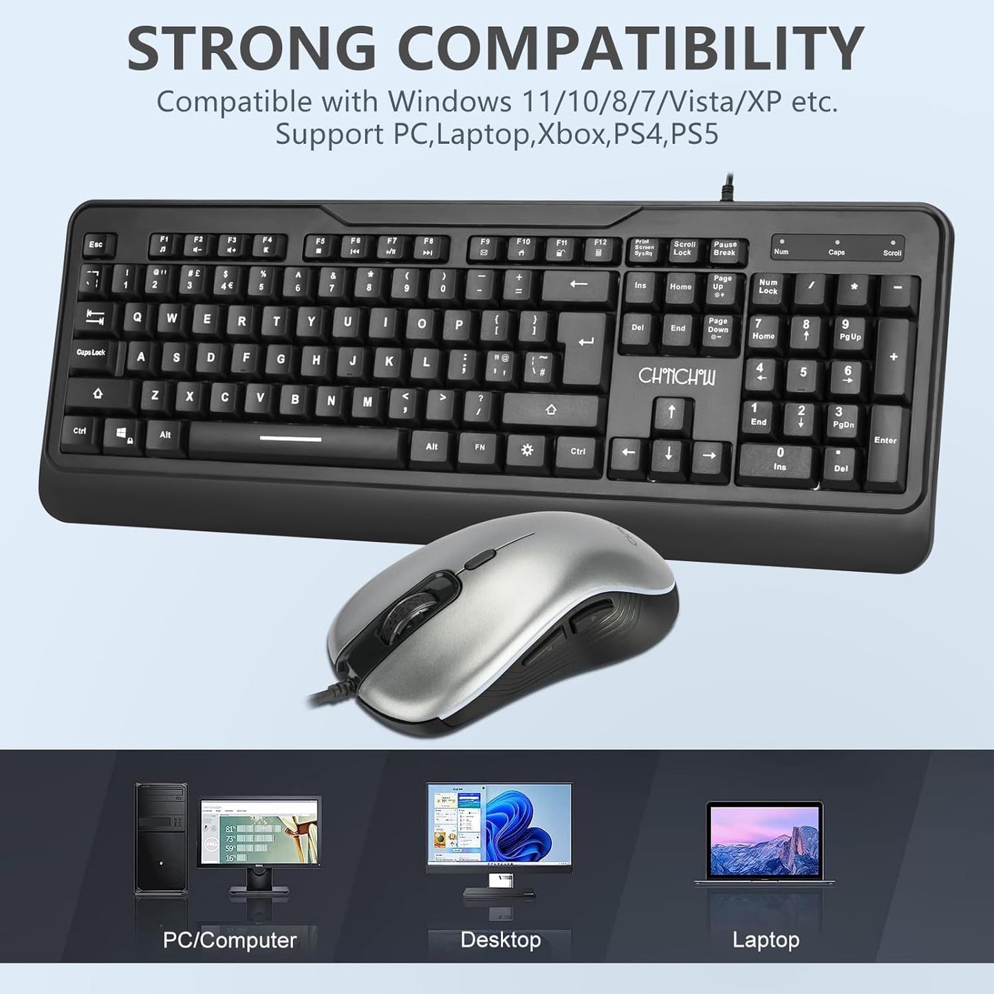 CHONCHOW Mouse and Keyboard Combo with Backlit LED, Full Size, Wrist Rest, USB Wired Computer Keyboard and Mouse for PC, PS4, Laptop, Windows and Mac, Gaming RGB Light Up Mouse - Computer Accessories