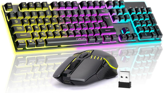 Gaming Wireless Keyboard and Mouse Combo,Rechargeable LED Rainbow Backlit,Mechanical Feel Anti-ghosting with Side Button for Computer PC Laptop Compatible with Windows Mac Ps4/Ps5 Xbox one - CHONCHOW