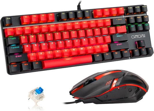 75% Mechanical Gaming Keyboard and Mouse, CHONCHOW TKL 87 Keys Blue Switche RGB Rainbow Backlit Keyboard 4200DPI Mouse Combo for Windows Laptop PC Gamer (Red) - CHONCHOW