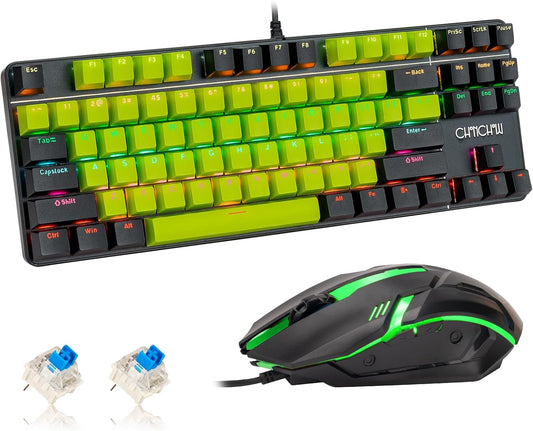 75% Mechanical Gaming Keyboard and Mouse, CHONCHOW TKL 87 Keys Blue Switche RGB Rainbow Backlit Keyboard 4200DPI Mouse Combo for Windows Laptop PC Gamer (Green) - CHONCHOW