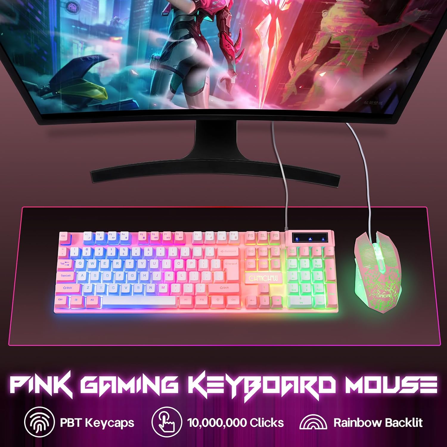 CHONCHOW RGB Gaming Keyboard and Mouse 1921P Pink Keyboard with LED Backlit USB Wired Mechanical Feeling Multimedia PC Gaming Keyboard for Working or Game,Office Xbox - CHONCHOW