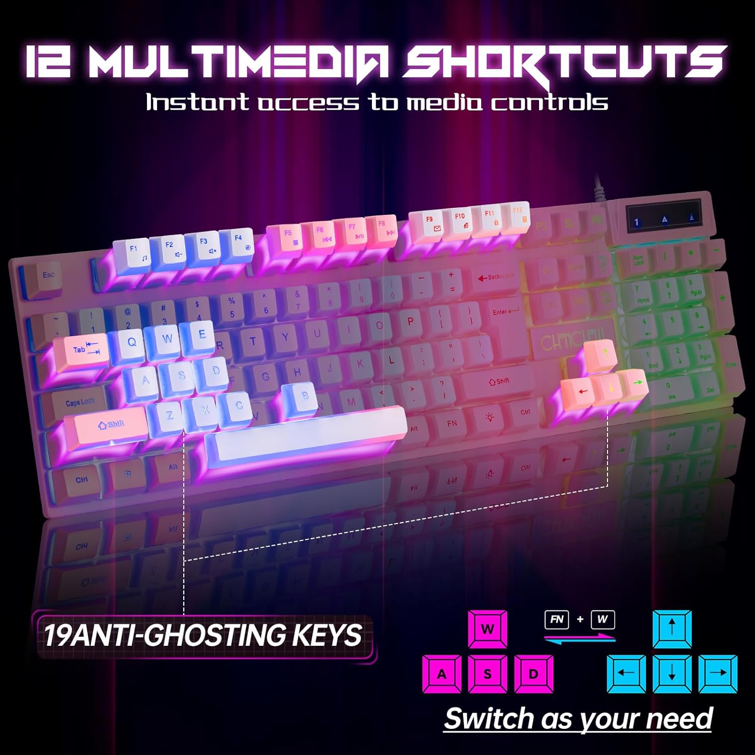 CHONCHOW RGB Gaming Keyboard and Mouse 1921P Pink Keyboard with LED Backlit USB Wired Mechanical Feeling Multimedia PC Gaming Keyboard for Working or Game,Office Xbox - CHONCHOW