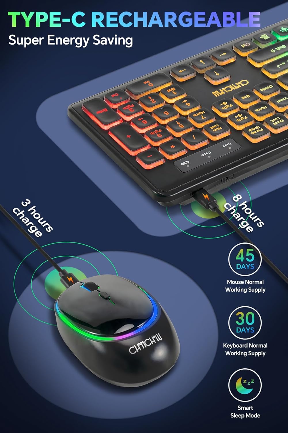 CHONCHOW Wireless Keyboard and Mouse Rechargeable LED Combo RGB Backlit Silent USB 2.4g Mini Multi DPI for Work Gaming Compatible with Windows Mac Iinux Without User Manual - CHONCHOW