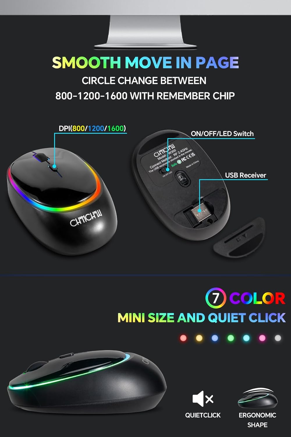 CHONCHOW Wireless Keyboard and Mouse Rechargeable LED Combo RGB Backlit Silent USB 2.4g Mini Multi DPI for Work Gaming Compatible with Windows Mac Iinux Without User Manual - CHONCHOW