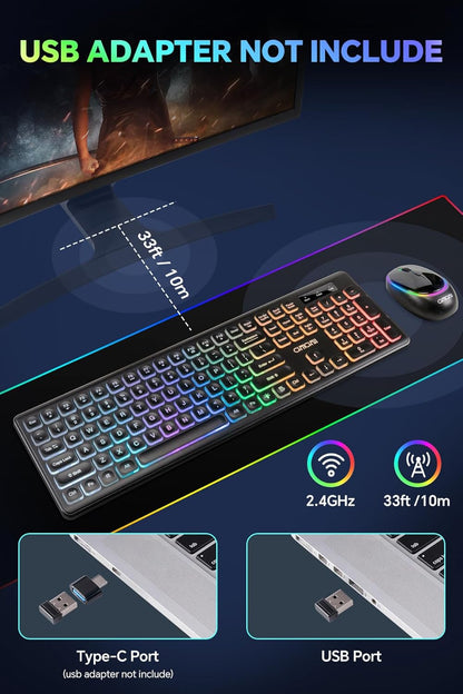 CHONCHOW Wireless Keyboard and Mouse Rechargeable LED Combo RGB Backlit Silent USB 2.4g Mini Multi DPI for Work Gaming Compatible with Windows Mac Iinux Without User Manual - CHONCHOW