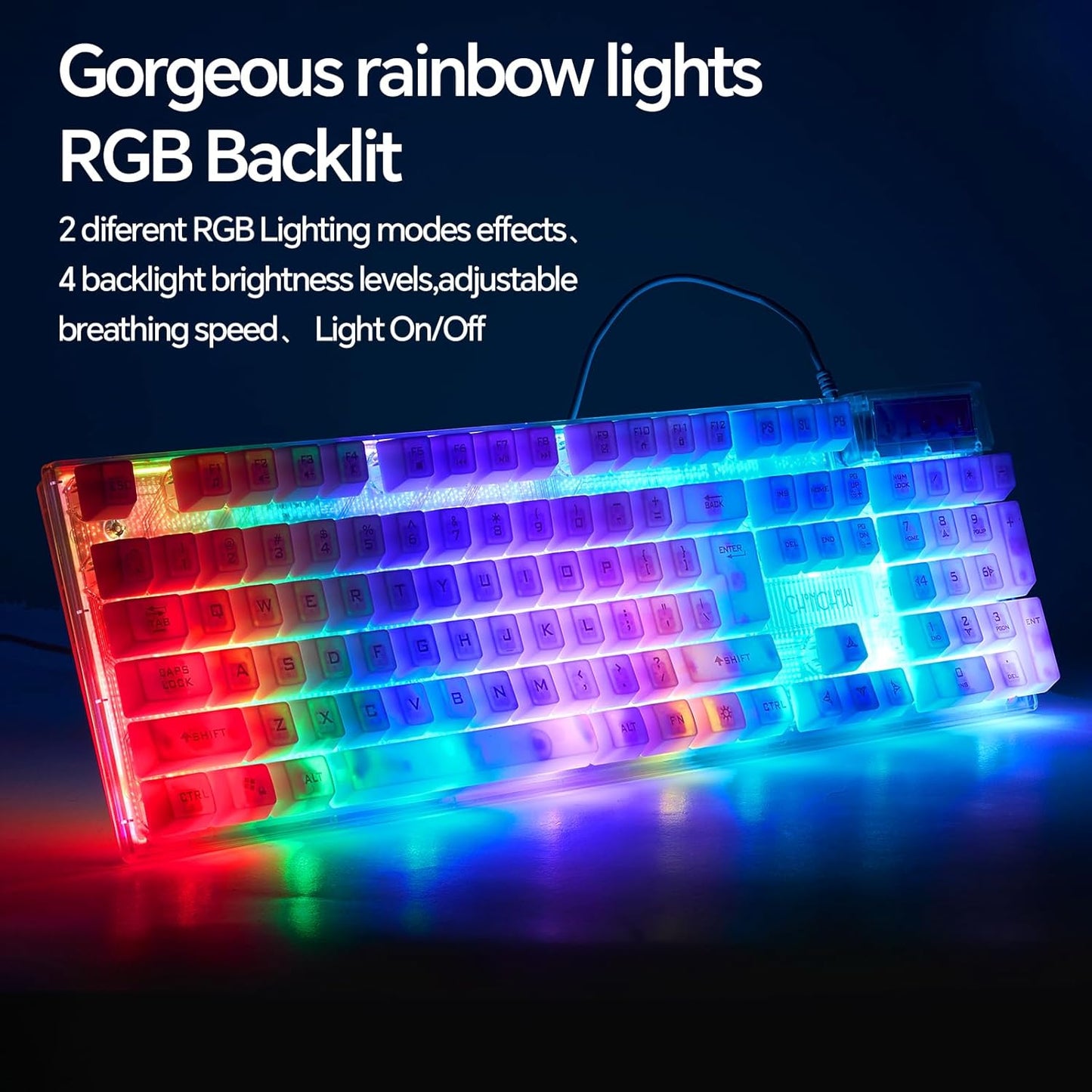 CHONCHOW LED Gaming Keyboad and Mouse Combo, Transparent RGB Rainbow Backlit Keyboard, 104 Keys Anti-ghosting USB Wired Keyboard, 7 Color RGB Gaming Mouse for PC Laptop Xbox PS4 Gamers and Work - CHONCHOW