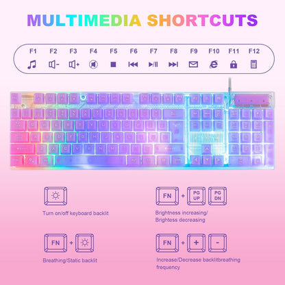 CHONCHOW LED Gaming Keyboad and Mouse Combo, Transparent RGB Rainbow Backlit Keyboard, 104 Keys Anti-ghosting USB Wired Keyboard, 7 Color RGB Gaming Mouse for PC Laptop Xbox PS4 Gamers and Work - CHONCHOW