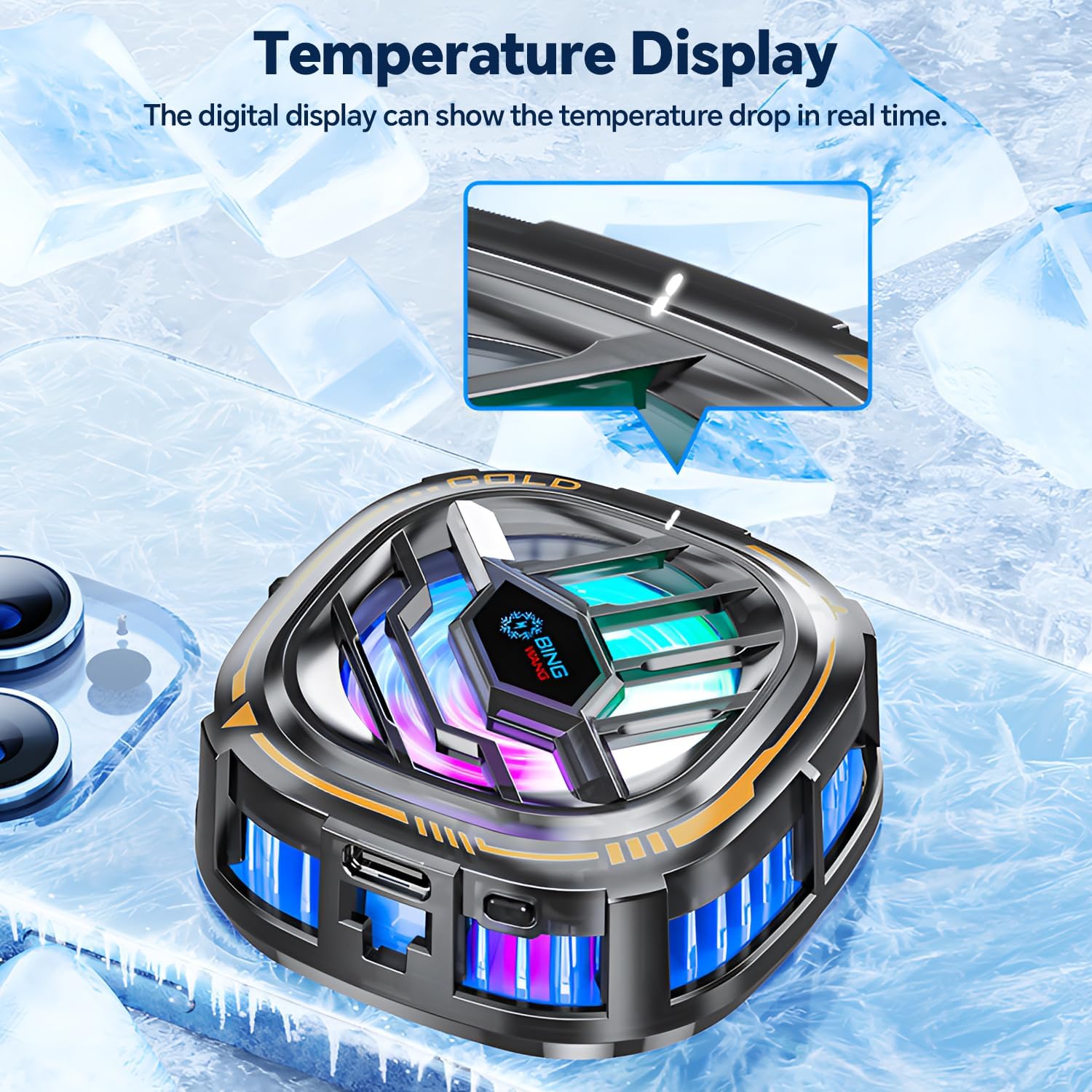 CHONCHOW Magnetic Cell Phone Cooler, RGB Phone Cooling Fan Portable Lightweight Mobile Phone Cooling Fan, Phone Radiator with Larger Cooling Area for Phone/Tablet/IPad (with Digital displays) - CHONCHOW