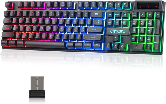 CHONCHOW Wireless Gaming Keyboard, Rechargeable 104 Key Rainbow LED Light Up Wireless Keyboard, Wireless Light up Gaming Keyboard for PC PS4 PS5 Xbox One Laptop, Teclado inalámbrico, Black - CHONCHOW