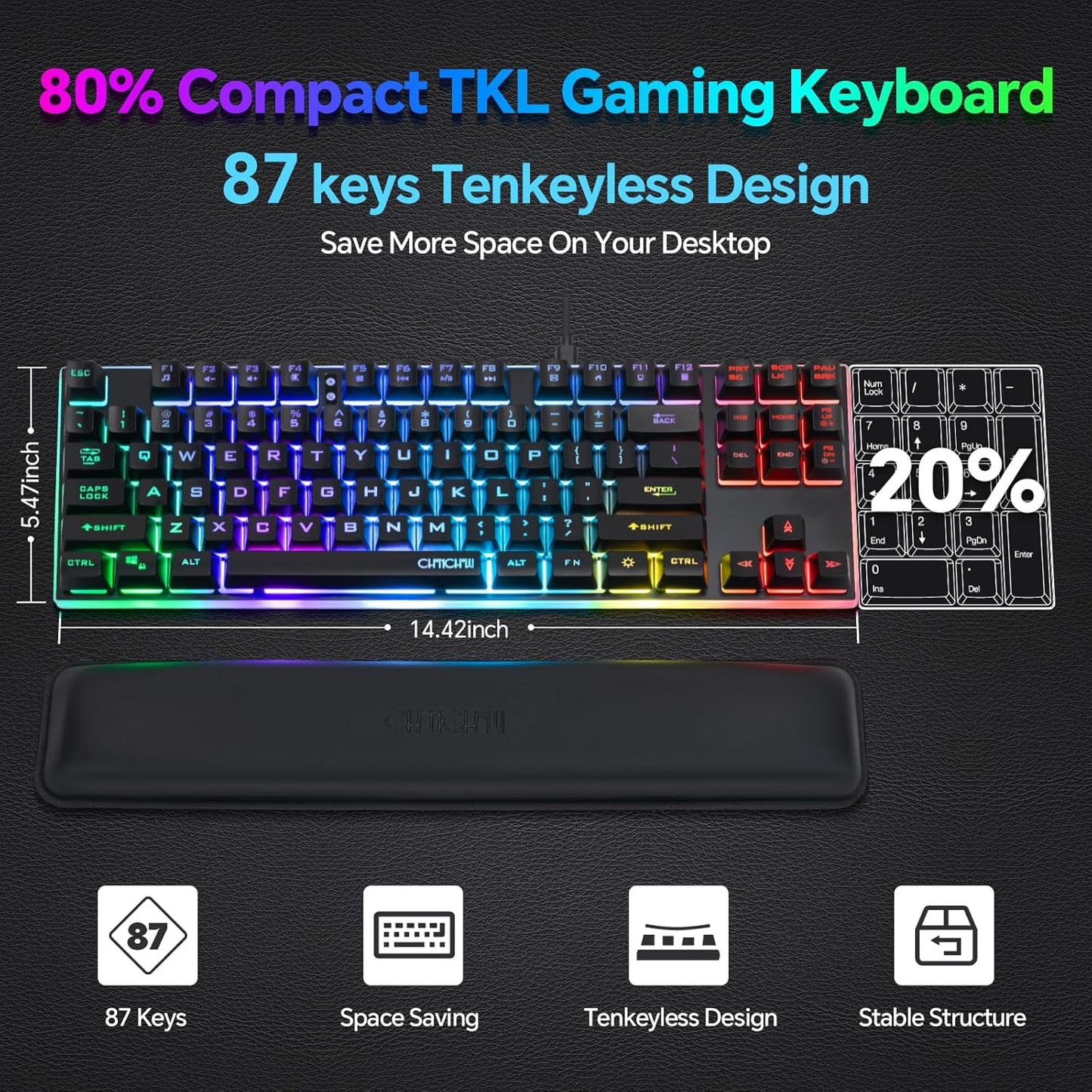 CHONCHOW 87 Keys TKL Wired Gaming Keyboard and Wrist Rest Combo, Detachable USB-C Cable, RGB Backlight, Full Metal Panel Keyboard Compatible with PC Laptop Mac Xbox Ps4 Ps5 - CHONCHOW