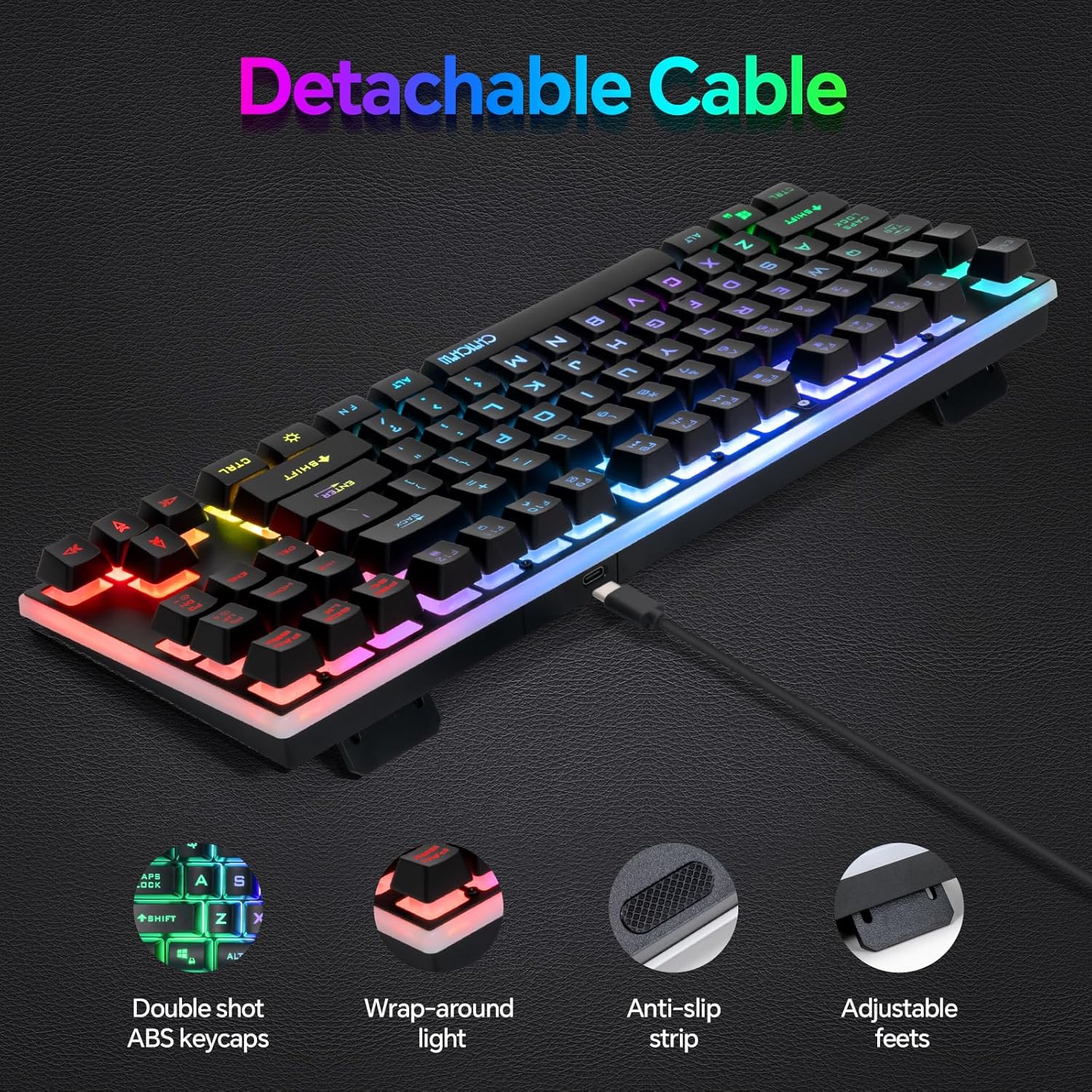 CHONCHOW 87 Keys TKL Wired Gaming Keyboard and Wrist Rest Combo, Detachable USB-C Cable, RGB Backlight, Full Metal Panel Keyboard Compatible with PC Laptop Mac Xbox Ps4 Ps5 - CHONCHOW