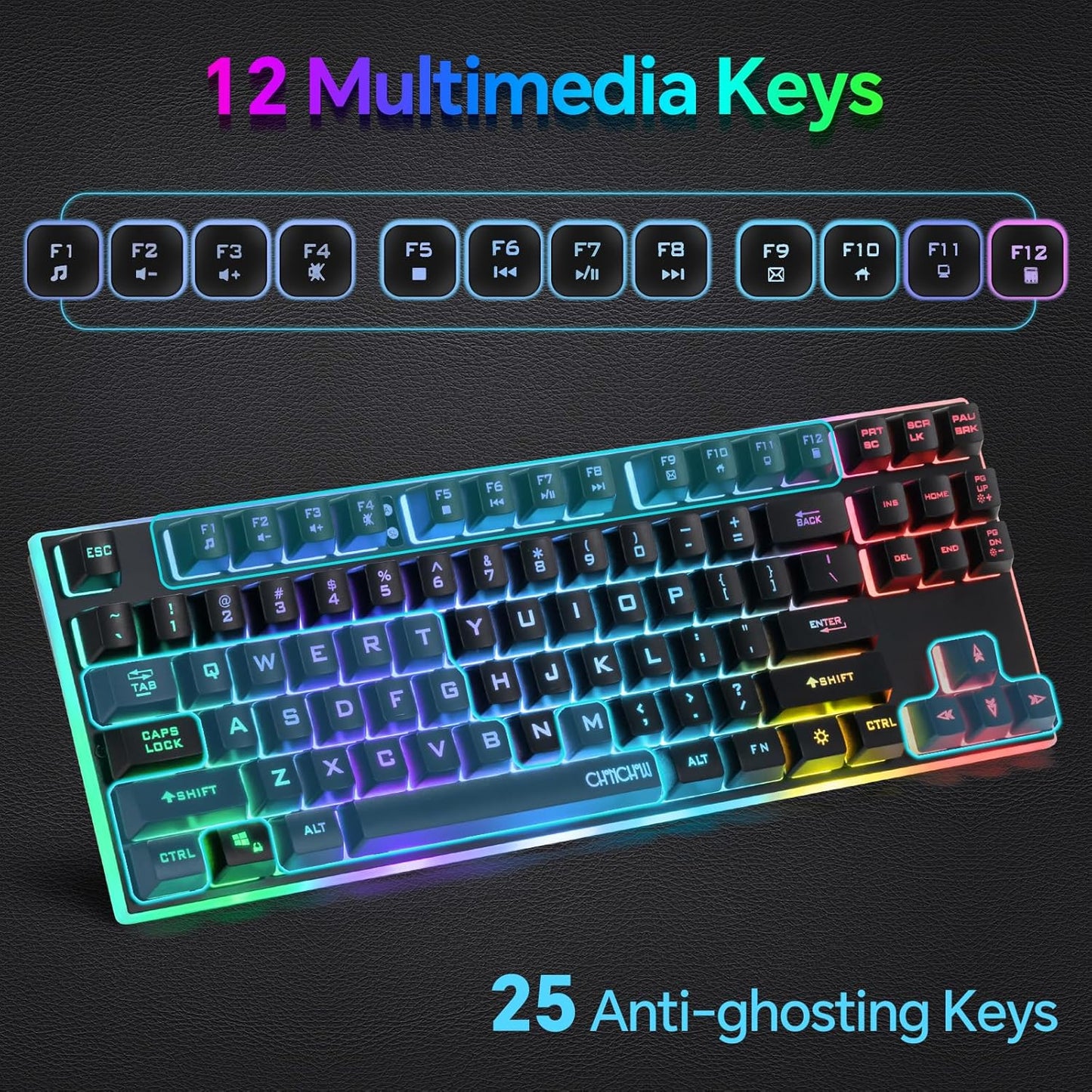 CHONCHOW 87 Keys TKL Wired Gaming Keyboard and Wrist Rest Combo, Detachable USB-C Cable, RGB Backlight, Full Metal Panel Keyboard Compatible with PC Laptop Mac Xbox Ps4 Ps5 - CHONCHOW