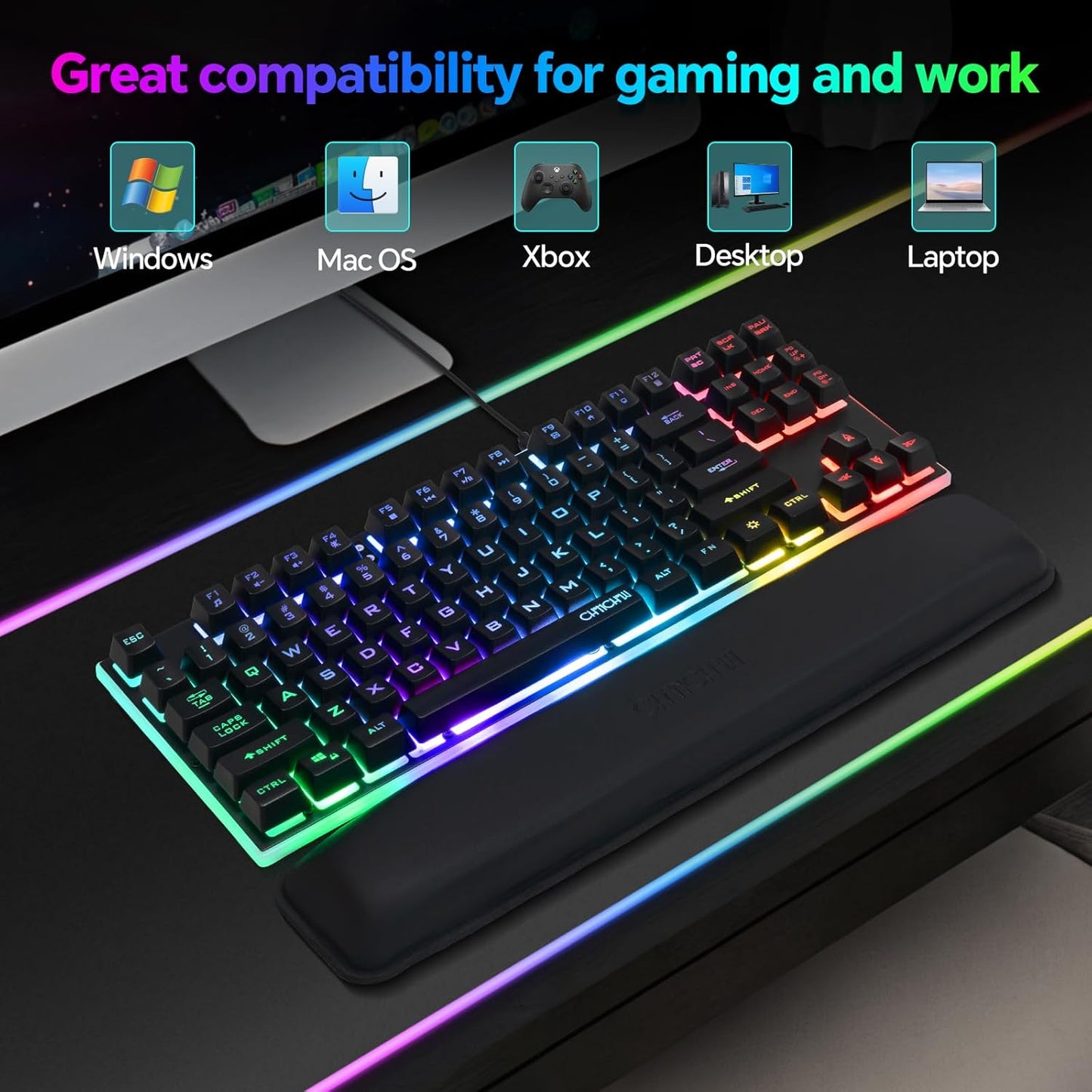 CHONCHOW 87 Keys TKL Wired Gaming Keyboard and Wrist Rest Combo, Detachable USB-C Cable, RGB Backlight, Full Metal Panel Keyboard Compatible with PC Laptop Mac Xbox Ps4 Ps5 - CHONCHOW