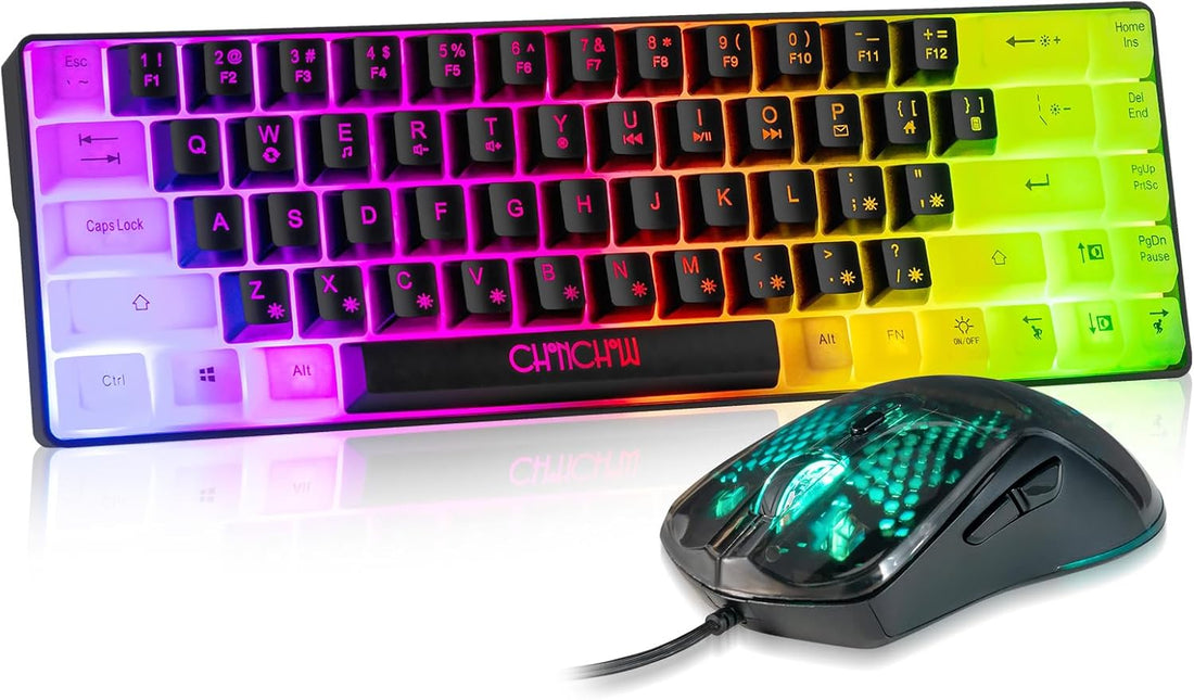 CHONCHOW 60% Gaming Keyboard and Mouse Combo, 68 Keys Wired LED RGB Backlit Black Gaming Keyboard and RGB Backlit Mouse, Small Light up Keyboard for PC Xbox PS4 (Black-White)