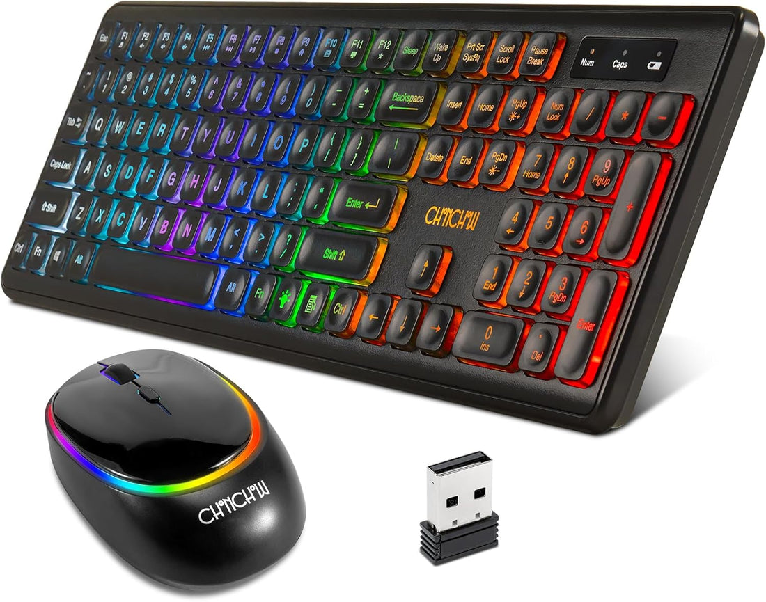 Wireless Keyboard and Mouse CHONCHOW Rechargeable LED Combo RGB Backlit Keypad Silent USB 2.4g Mini Mice Big Battery for Work Gaming Compatible with Windows Mac Linux with User Manual W300