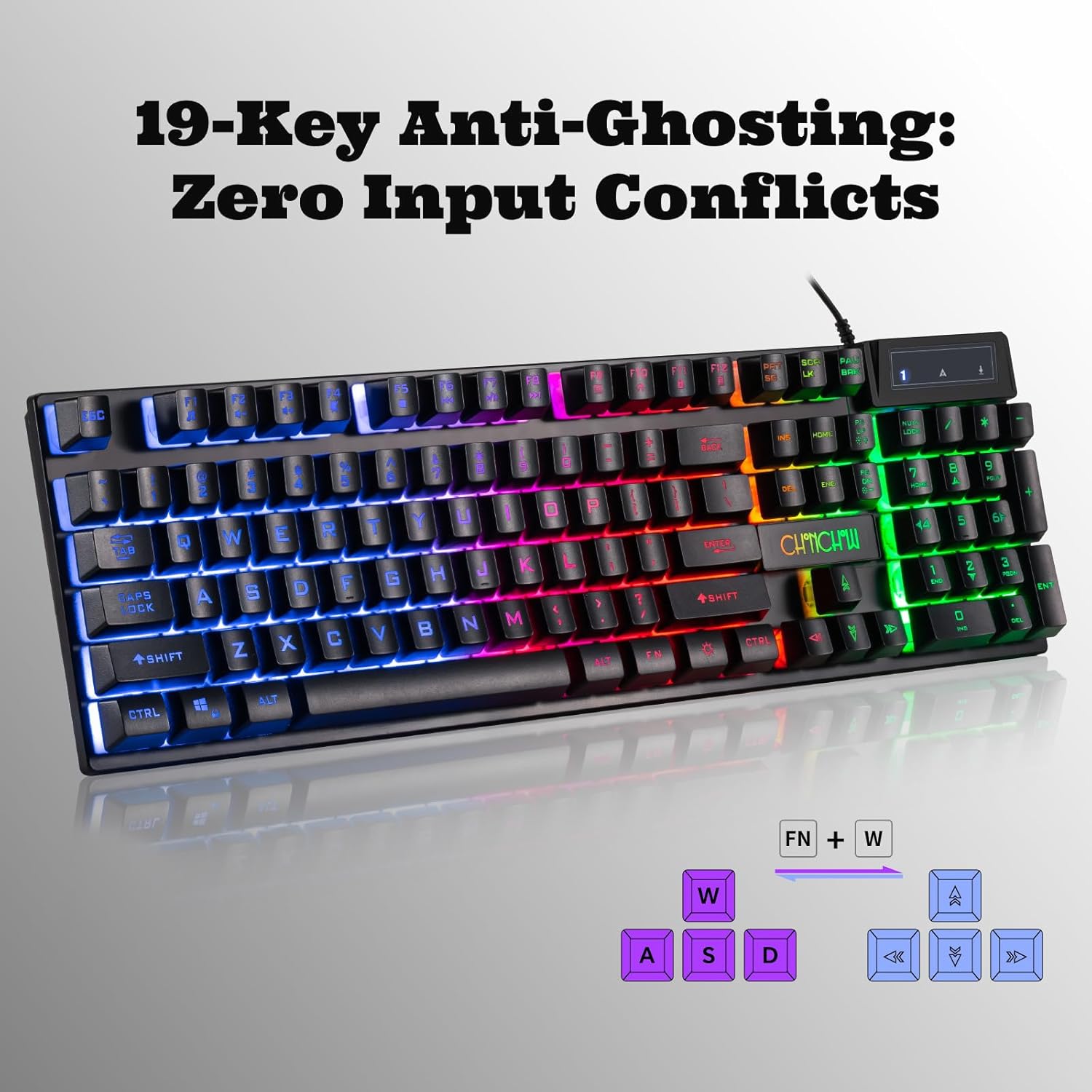 CHONCHOW Ergonomic Wired Gaming Keyboard, 104 Key, Adjustable Rainbow Backlight, Durable Frame& Premium Keycaps- Stable Adjustable Feet for PC/Game/Office/Home Use - CHONCHOW