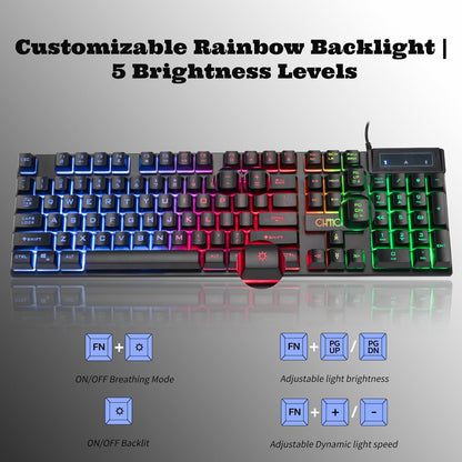 CHONCHOW Ergonomic Wired Gaming Keyboard, 104 Key, Adjustable Rainbow Backlight, Durable Frame& Premium Keycaps- Stable Adjustable Feet for PC/Game/Office/Home Use - CHONCHOW