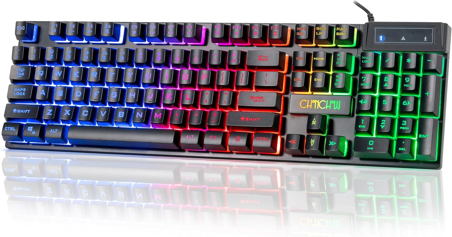 CHONCHOW Wired Gaming Keyboard, 104 Keys Full Size, with Anti-Ghosting and Multimedia Keys, LED Backlit Light Up Keyboard for PC Mac Laptop Desktop, Gaming or Office - CHONCHOW