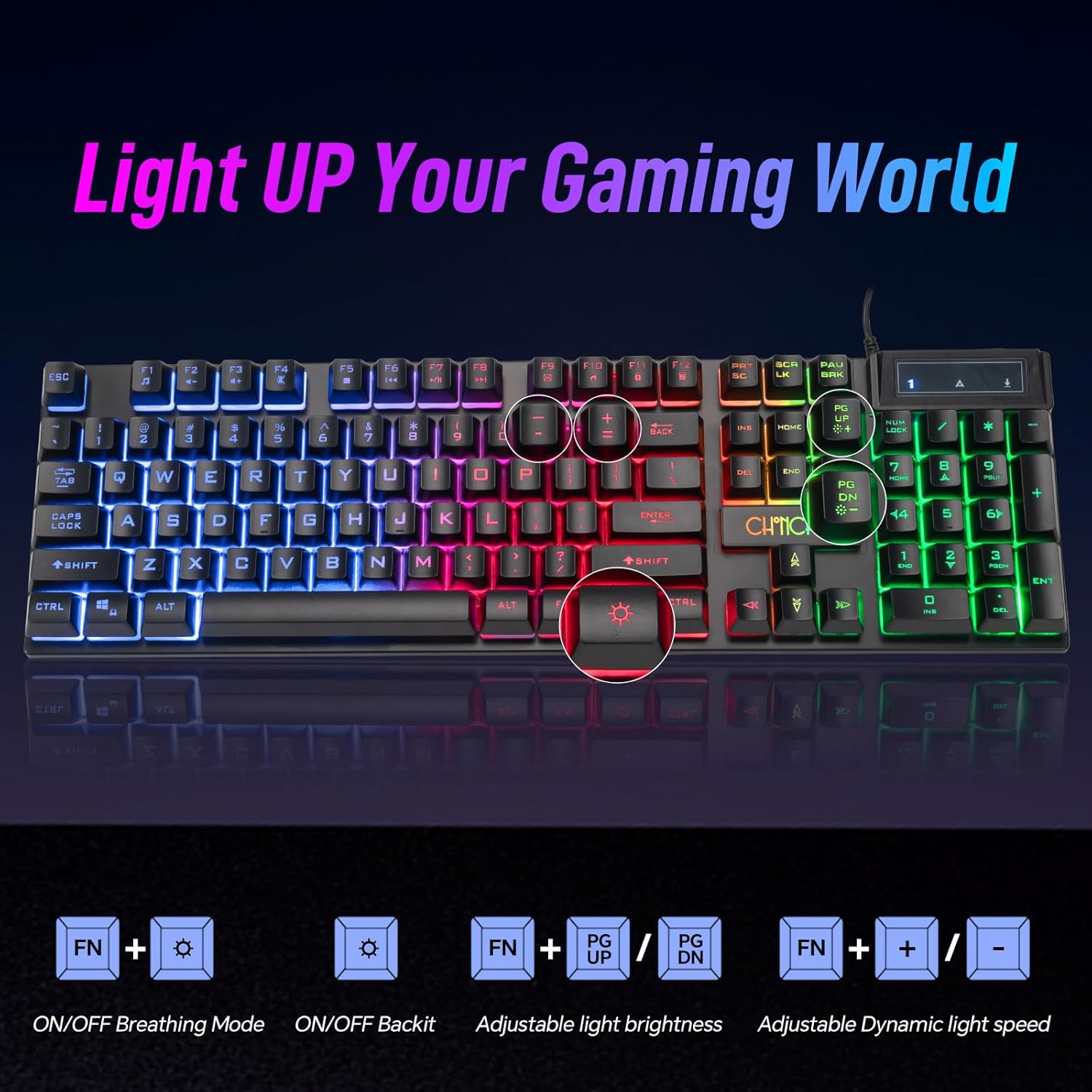 CHONCHOW Wired Gaming Keyboard, 104 Keys Full Size, with Anti-Ghosting and Multimedia Keys, LED Backlit Light Up Keyboard for PC Mac Laptop Desktop, Gaming or Office - CHONCHOW