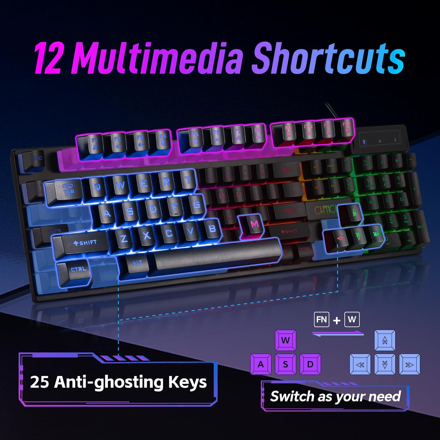CHONCHOW Wired Gaming Keyboard, 104 Keys Full Size, with Anti-Ghosting and Multimedia Keys, LED Backlit Light Up Keyboard for PC Mac Laptop Desktop, Gaming or Office - CHONCHOW