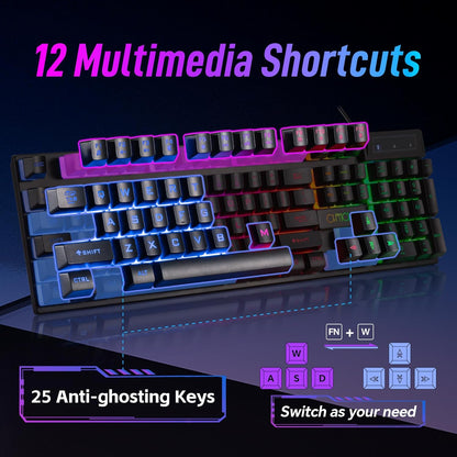 CHONCHOW Wired Gaming Keyboard, 104 Keys Full Size, with Anti-Ghosting and Multimedia Keys, LED Backlit Light Up Keyboard for PC Mac Laptop Desktop, Gaming or Office - CHONCHOW