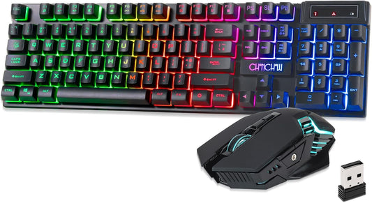 CHONCHOW Wireless Keyboard and Mouse Combo - 2.4G Rechargeable USB Wireless Rainbow LED Backlit Gaming Keyboard,Anti-ghosting Multimedia Keys Mechanical Feel for PC Laptops PS Xbox - CHONCHOW