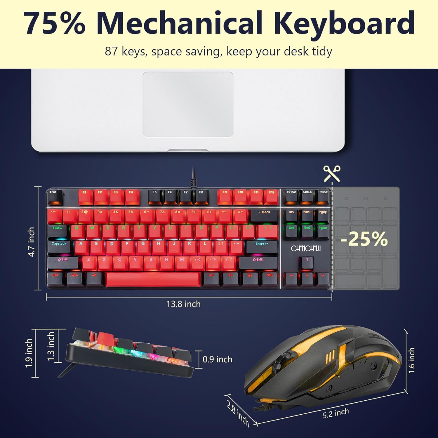 CHONCHOW Mechanical Gaming Keyboard and Mouse Combo, LED Backlit, Blue Switch, 87 Keys TKL, Hot Swappable Mechanical Keyboard, RGB Mouse 1200-4200 DPI for Ps4 Xbox PC Laptop Mac Windows - CHONCHOW