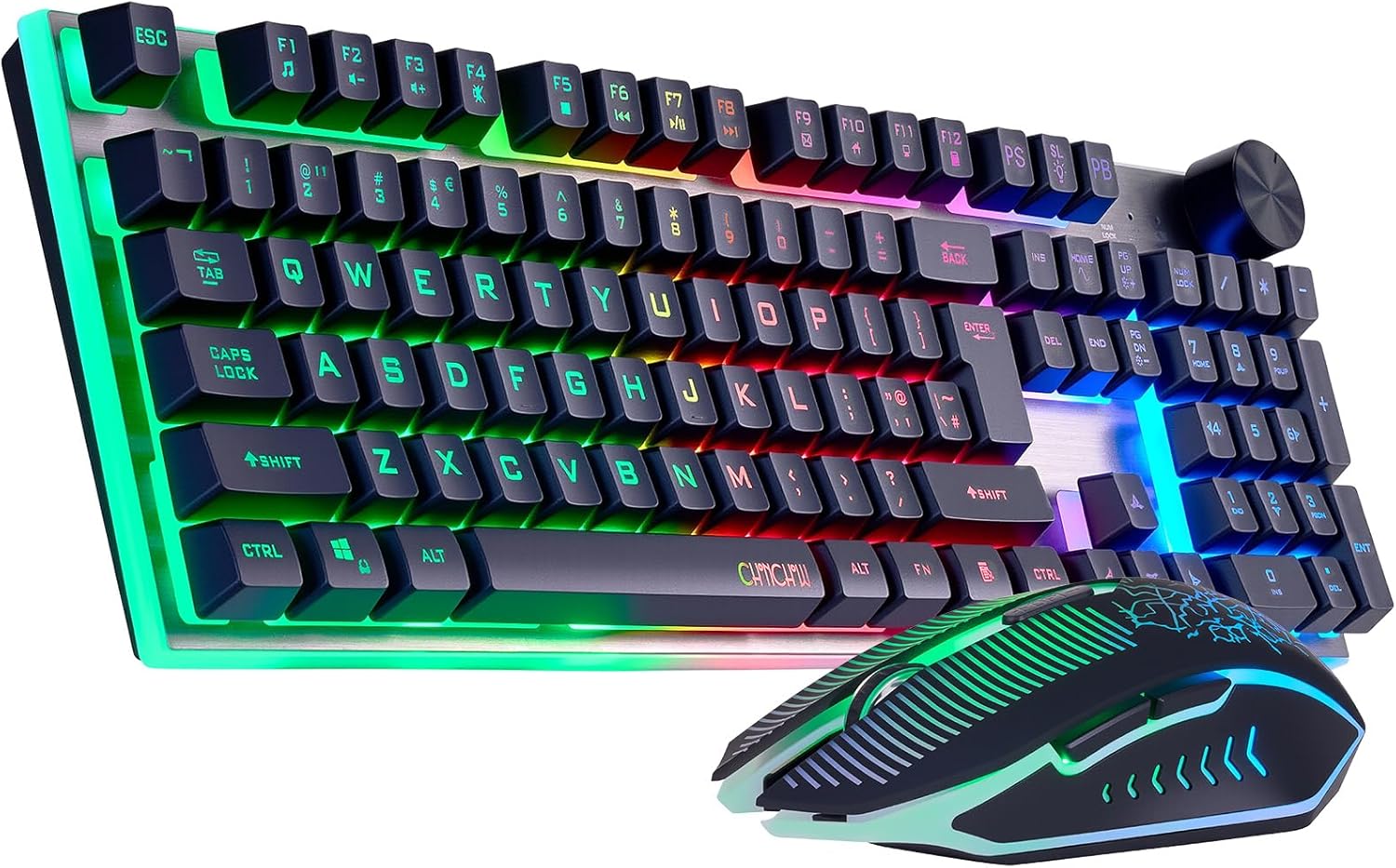 Wireless Gaming Keyboard with knob and Mouse Combo USB Dongle 2.4G Rechargeable 3000mAH Battery RGB Backlit Stainless Panel 4200DPI Side Button Mice for PC Laptop compatible with Windows 8/9/10 MacOS - CHONCHOW