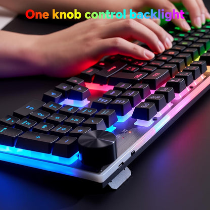 Wireless Gaming Keyboard with knob and Mouse Combo USB Dongle 2.4G Rechargeable 3000mAH Battery RGB Backlit Stainless Panel 4200DPI Side Button Mice for PC Laptop compatible with Windows 8/9/10 MacOS - CHONCHOW