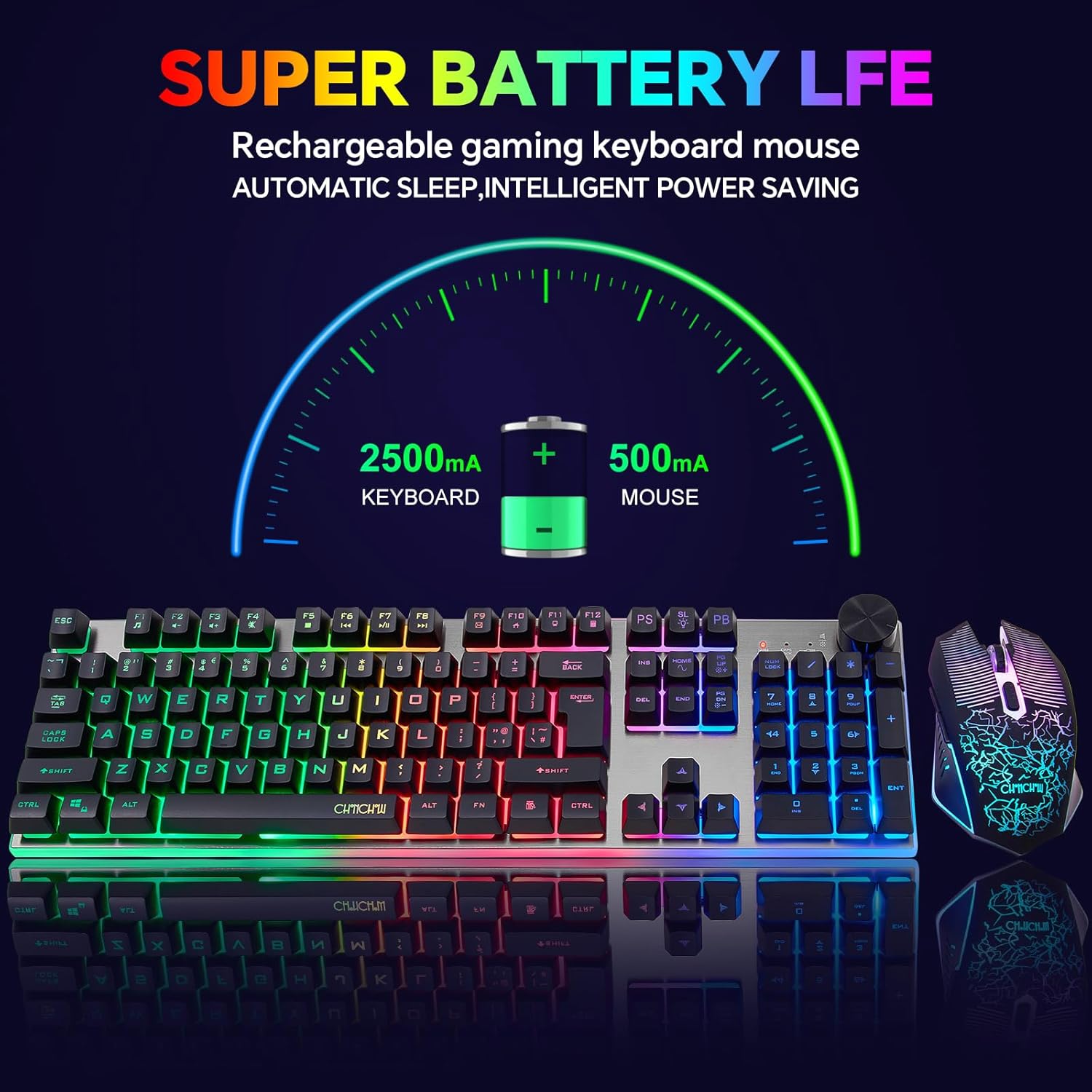 Wireless Gaming Keyboard with knob and Mouse Combo USB Dongle 2.4G Rechargeable 3000mAH Battery RGB Backlit Stainless Panel 4200DPI Side Button Mice for PC Laptop compatible with Windows 8/9/10 MacOS - CHONCHOW