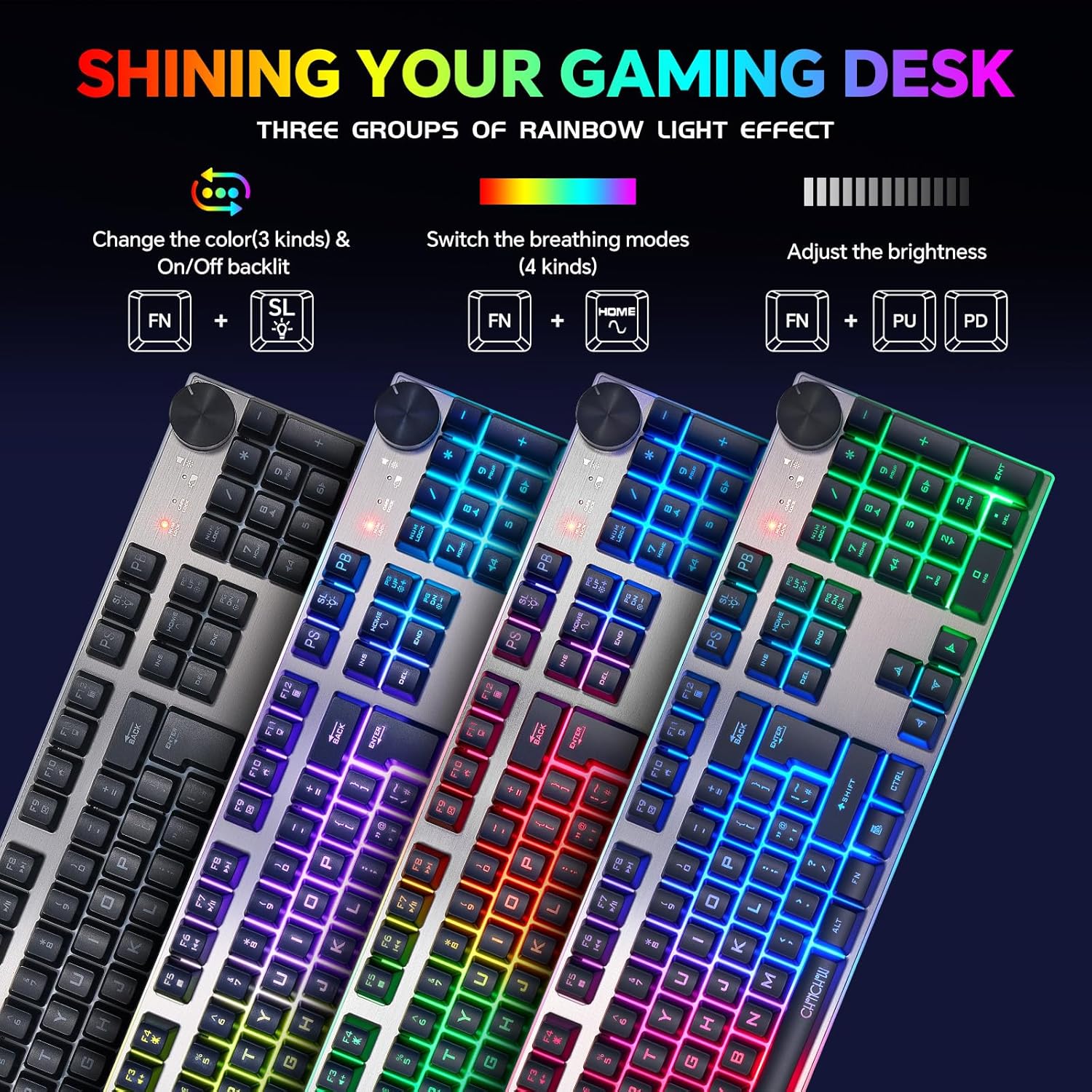 Wireless Gaming Keyboard with knob and Mouse Combo USB Dongle 2.4G Rechargeable 3000mAH Battery RGB Backlit Stainless Panel 4200DPI Side Button Mice for PC Laptop compatible with Windows 8/9/10 MacOS - CHONCHOW