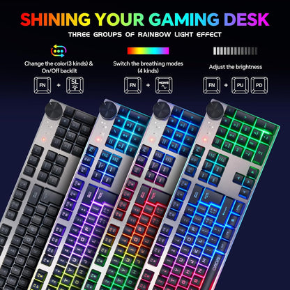 Wireless Gaming Keyboard with knob and Mouse Combo USB Dongle 2.4G Rechargeable 3000mAH Battery RGB Backlit Stainless Panel 4200DPI Side Button Mice for PC Laptop compatible with Windows 8/9/10 MacOS - CHONCHOW