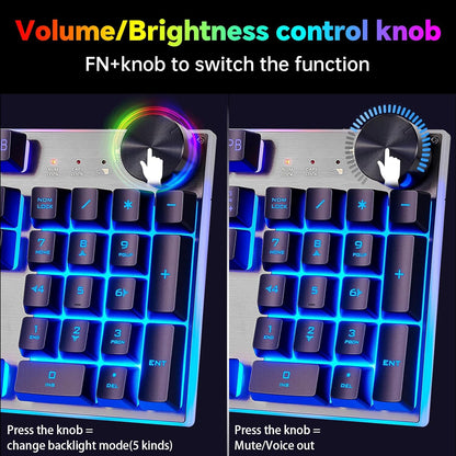 Wireless Gaming Keyboard with knob and Mouse Combo USB Dongle 2.4G Rechargeable 3000mAH Battery RGB Backlit Stainless Panel 4200DPI Side Button Mice for PC Laptop compatible with Windows 8/9/10 MacOS - CHONCHOW