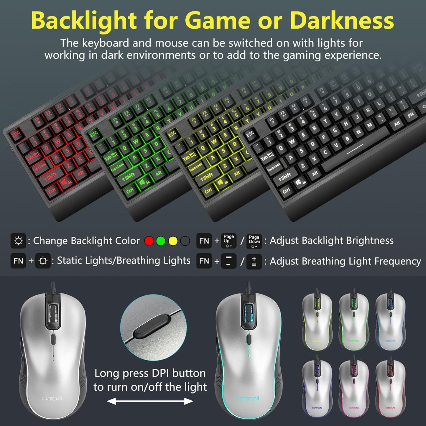 Large Print Keyboard and Mouse Combo, Red-Yellow-Blue Backlight Quiet Keyboard with Wrist Rest, Oversized Letters, USB Wired, Full Size Keyboard with mice Set Compatible for Windows,PC, Laptop - Black - CHONCHOW