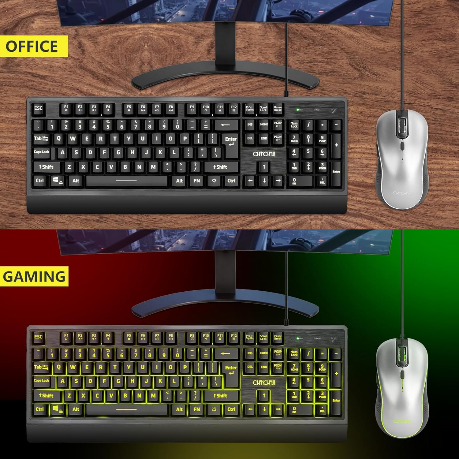 Large Print Keyboard and Mouse Combo, Red-Yellow-Blue Backlight Quiet Keyboard with Wrist Rest, Oversized Letters, USB Wired, Full Size Keyboard with mice Set Compatible for Windows,PC, Laptop - Black - CHONCHOW