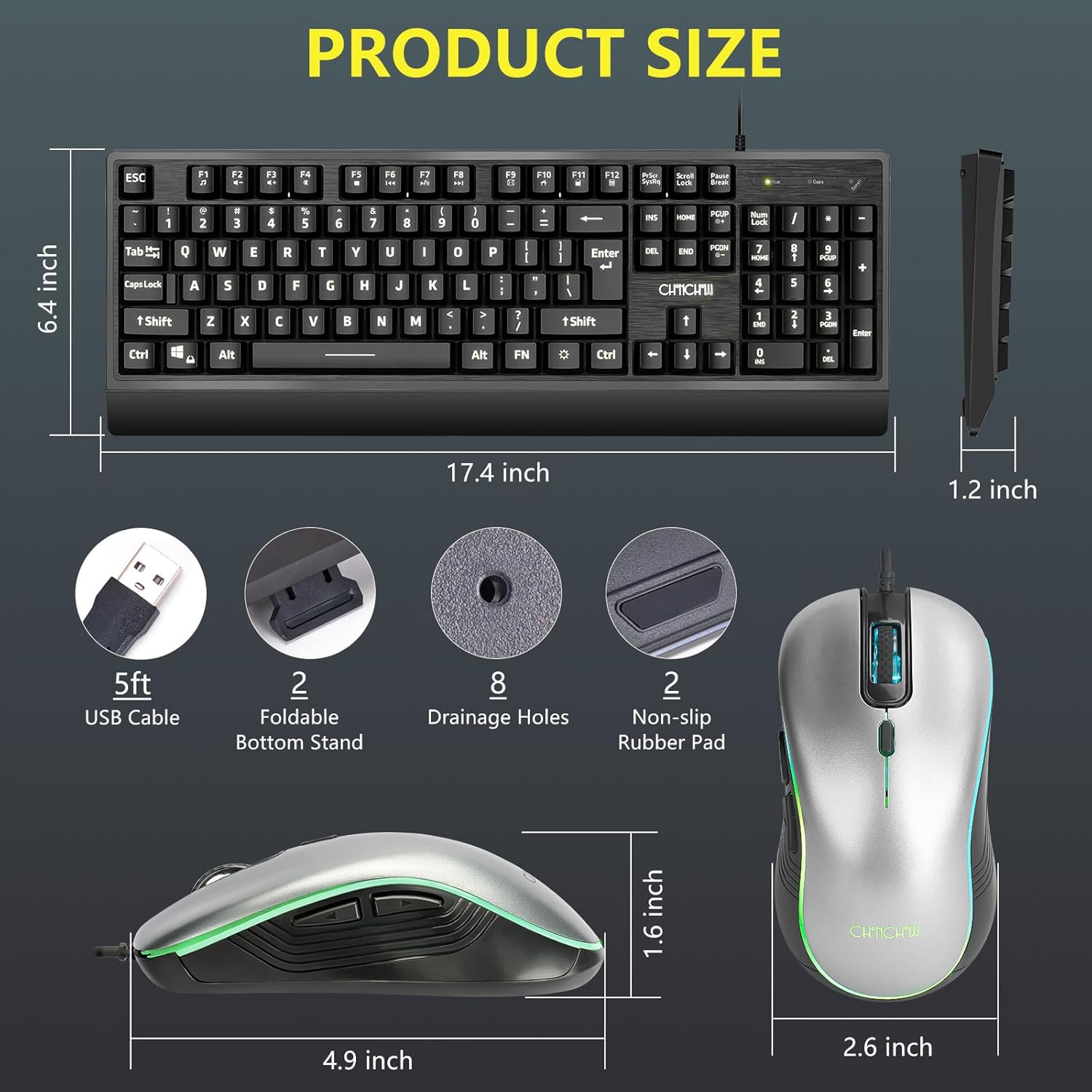Large Print Keyboard and Mouse Combo, Red-Yellow-Blue Backlight Quiet Keyboard with Wrist Rest, Oversized Letters, USB Wired, Full Size Keyboard with mice Set Compatible for Windows,PC, Laptop - Black - CHONCHOW