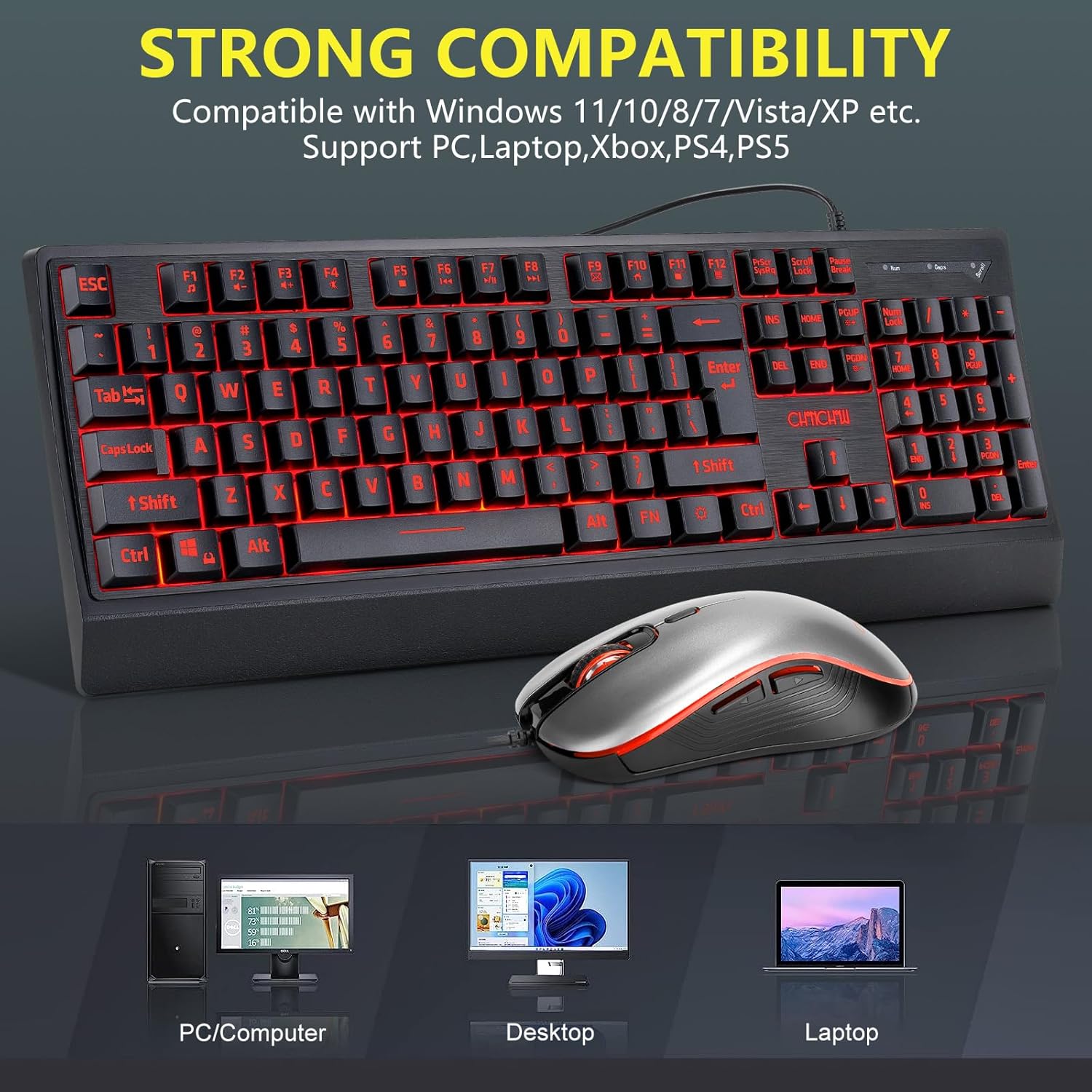 Large Print Keyboard and Mouse Combo, Red-Yellow-Blue Backlight Quiet Keyboard with Wrist Rest, Oversized Letters, USB Wired, Full Size Keyboard with mice Set Compatible for Windows,PC, Laptop - Black - CHONCHOW