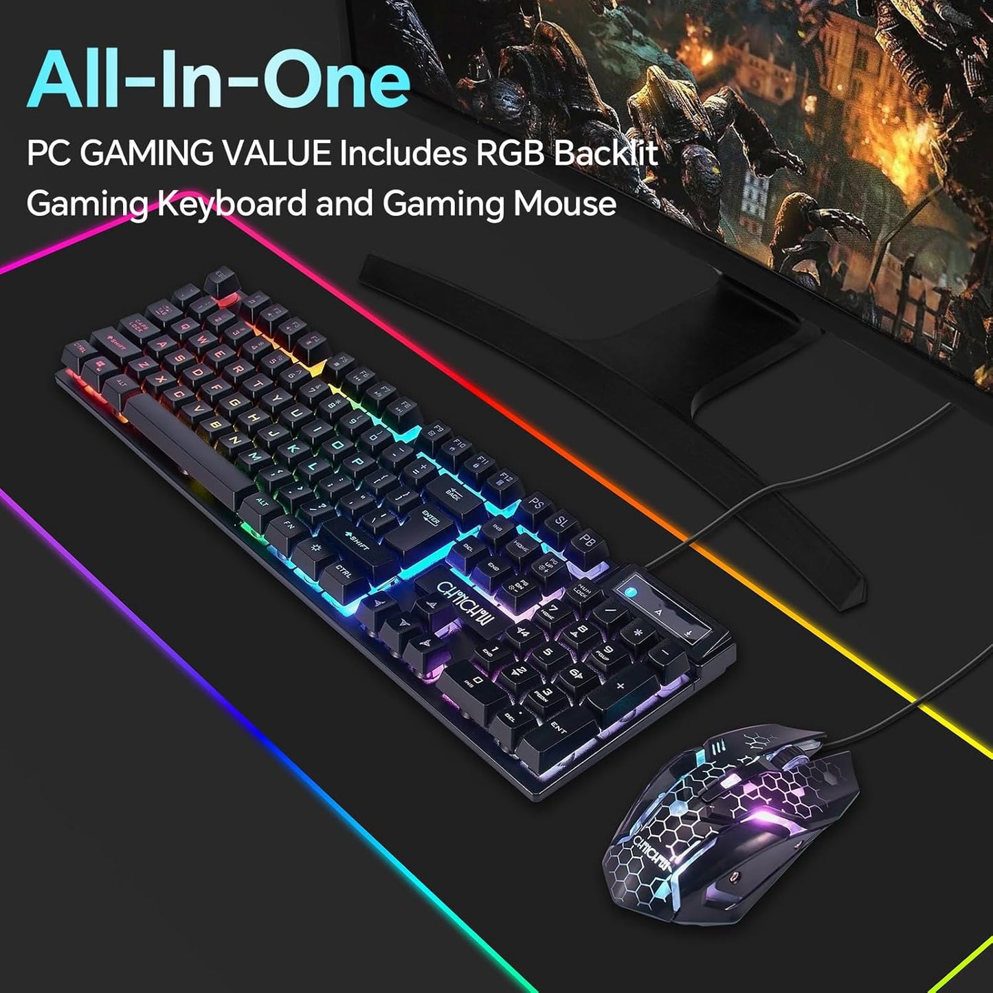 CHONCHOW Gaming Keyboard and Mouse Combo, USB Wired RGB Backlit, Mechanical Feel Anti-ghosting Keyboard 3200DPI Ergonomic Mouse, LED Gaming Set for Laptop PC PS4 Xbox Mac Game and Work