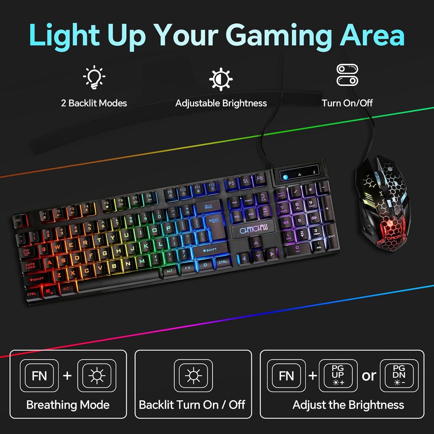 CHONCHOW Gaming Keyboard and Mouse Combo, USB Wired RGB Backlit, Mechanical Feel Anti-ghosting Keyboard 3200DPI Ergonomic Mouse, LED Gaming Set for Laptop PC PS4 Xbox Mac Game and Work