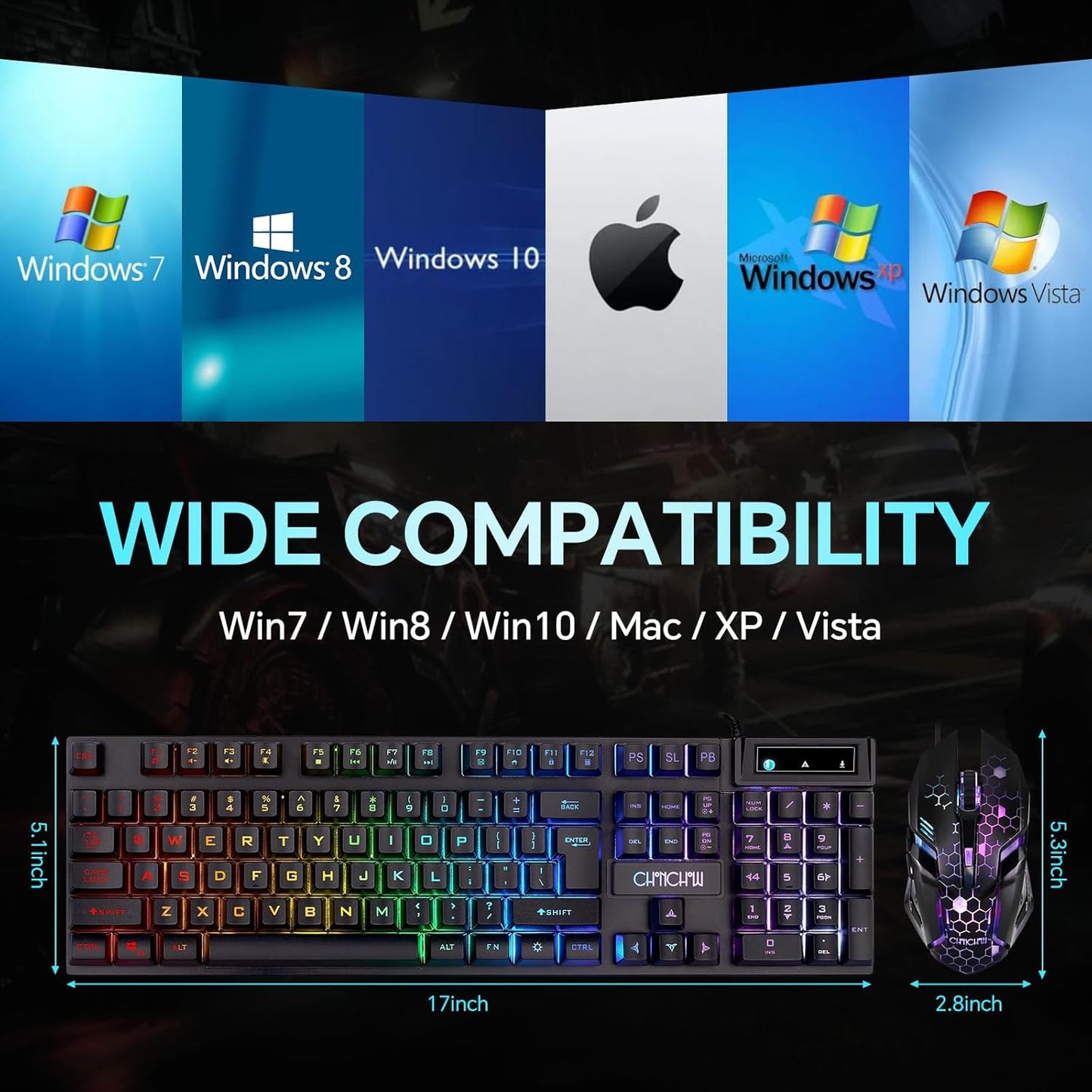 CHONCHOW Gaming Keyboard and Mouse Combo, USB Wired RGB Backlit, Mechanical Feel Anti-ghosting Keyboard 3200DPI Ergonomic Mouse, LED Gaming Set for Laptop PC PS4 Xbox Mac Game and Work
