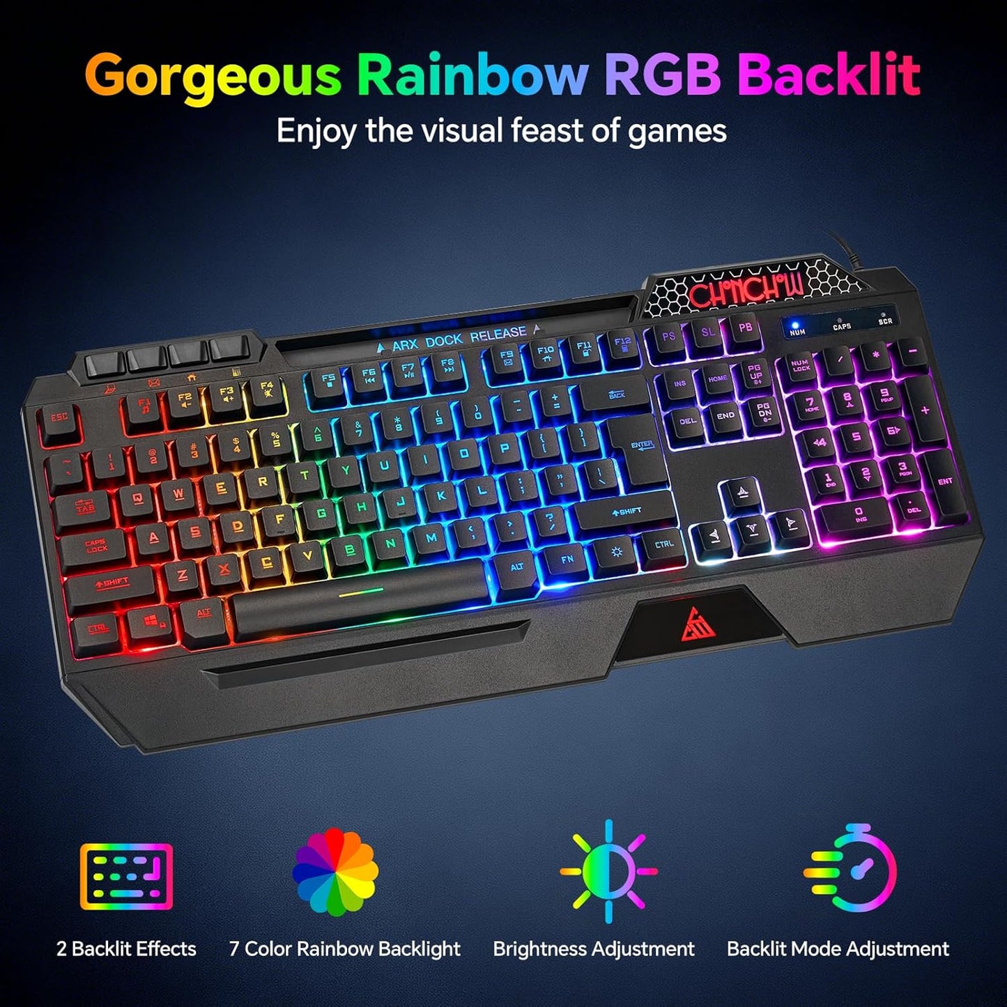 CHONCHOW Gaming Keyboard and Mouse Combo, USB Wired RGB Backlit Anti-Ghosting Silent Keyboard with Ergonomic Wrist Rest & Phone Holder, 7D 7200DPI Gaming Mouse for PC Gamer Xbox PS4 PS5 (RGB-Black) - CHONCHOW