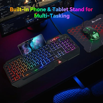CHONCHOW Gaming Keyboard and Mouse Combo, USB Wired RGB Backlit Anti-Ghosting Silent Keyboard with Ergonomic Wrist Rest & Phone Holder, 7D 7200DPI Gaming Mouse for PC Gamer Xbox PS4 PS5 (RGB-Black) - CHONCHOW