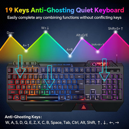 CHONCHOW Gaming Keyboard and Mouse Combo, USB Wired RGB Backlit Anti-Ghosting Silent Keyboard with Ergonomic Wrist Rest & Phone Holder, 7D 7200DPI Gaming Mouse for PC Gamer Xbox PS4 PS5 (RGB-Black) - CHONCHOW