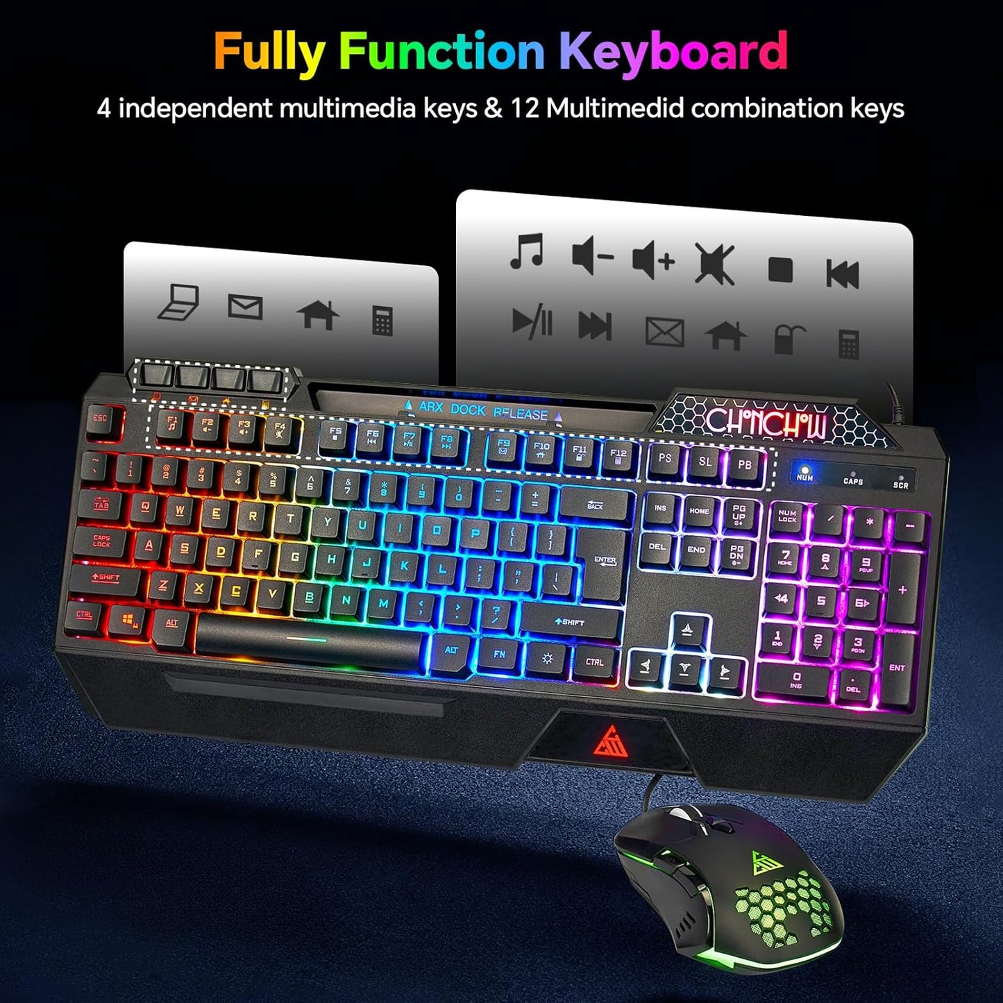 CHONCHOW Gaming Keyboard and Mouse Combo, USB Wired RGB Backlit Anti-Ghosting Silent Keyboard with Ergonomic Wrist Rest & Phone Holder, 7D 7200DPI Gaming Mouse for PC Gamer Xbox PS4 PS5 (RGB-Black) - CHONCHOW