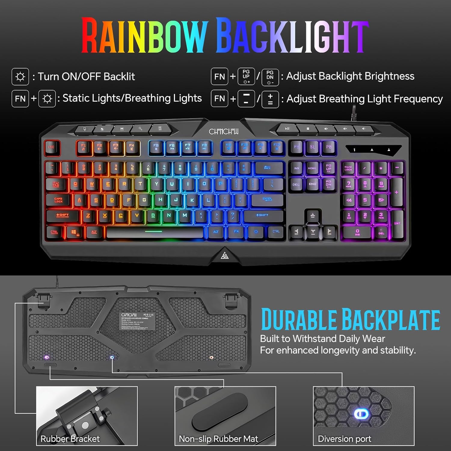 CHONCHOW Gaming Keyboard Wired with Colorful LED, Silent PC Keyboard Backlit, Number Pad, Full Size, Dedicated Media Keys, 19 Anti-ghosting Keys for Computer PS5 Xbox Gamer, Mechanical Feel Switch - CHONCHOW