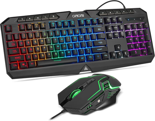 Wired Gaming Keyboard and Mouse Combo with Color Backlit, 10 Dedicated Keys, Mechanical Feel, Quiet, Anti-ghosting, Light Up Computer Keyboard, Cool RGB 7200 DPI Programmable Mice with Software for PC