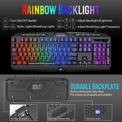 Wired Gaming Keyboard and Mouse Combo with Color Backlit, 10 Dedicated Keys, Mechanical Feel, Quiet, Anti-ghosting, Light Up Computer Keyboard, Cool RGB 7200 DPI Programmable Mice with Software for PC
