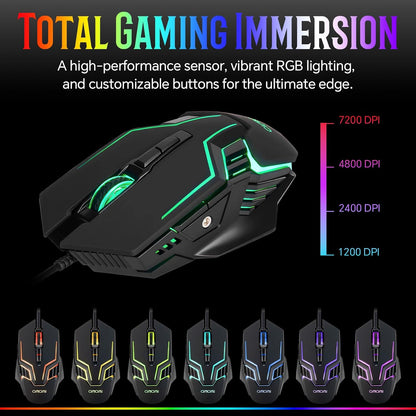 Wired Gaming Keyboard and Mouse Combo with Color Backlit, 10 Dedicated Keys, Mechanical Feel, Quiet, Anti-ghosting, Light Up Computer Keyboard, Cool RGB 7200 DPI Programmable Mice with Software for PC